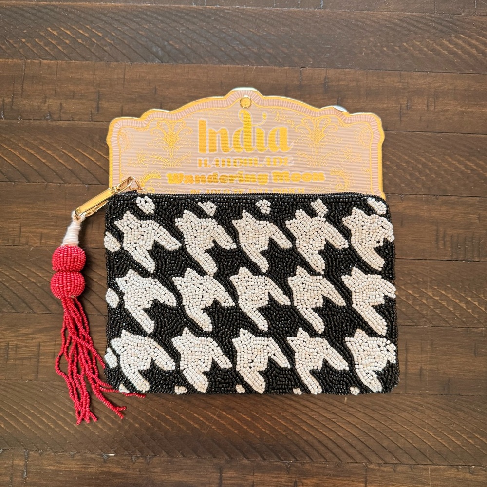 Beaded Houndstooth Zip Pouch with Red Tassel